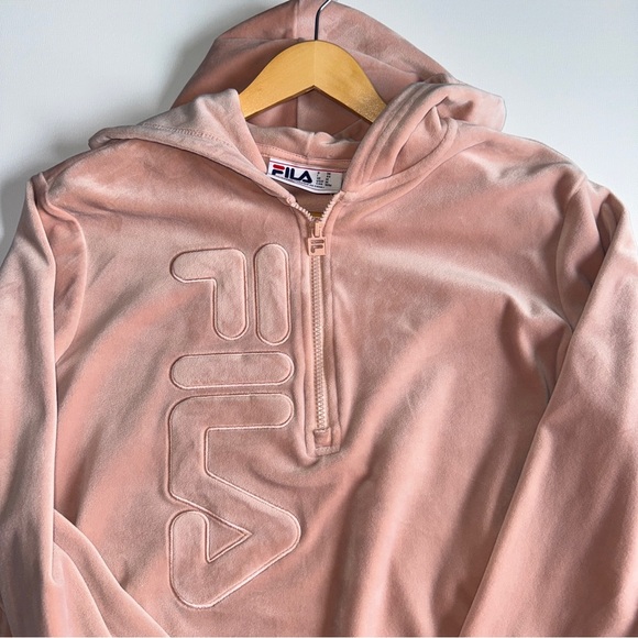 Fila Pink Velour Hoodie Sweatshirt Quarter Zip Pullover Size Medium Athleisure - Picture 2 of 10